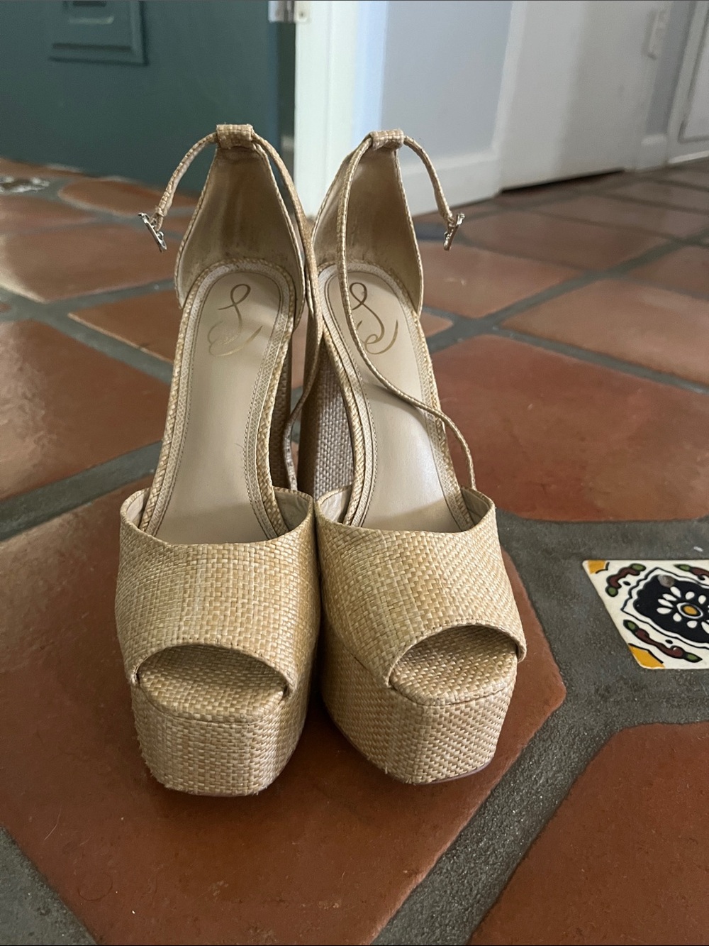 Sam Edelman Woven Platform Peep-Toe Ankle Strap Heels
